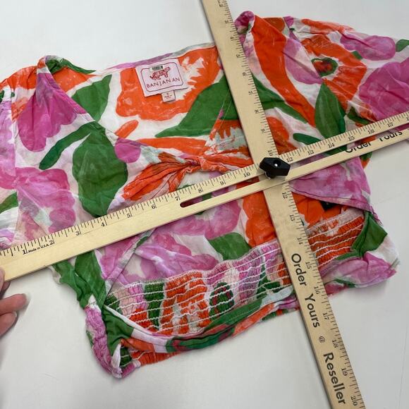 Banjanan‎ Shirt Womens Small Orange Pink Green Aurora Cutout Blouse Top Cotton - Picture 9 of 10